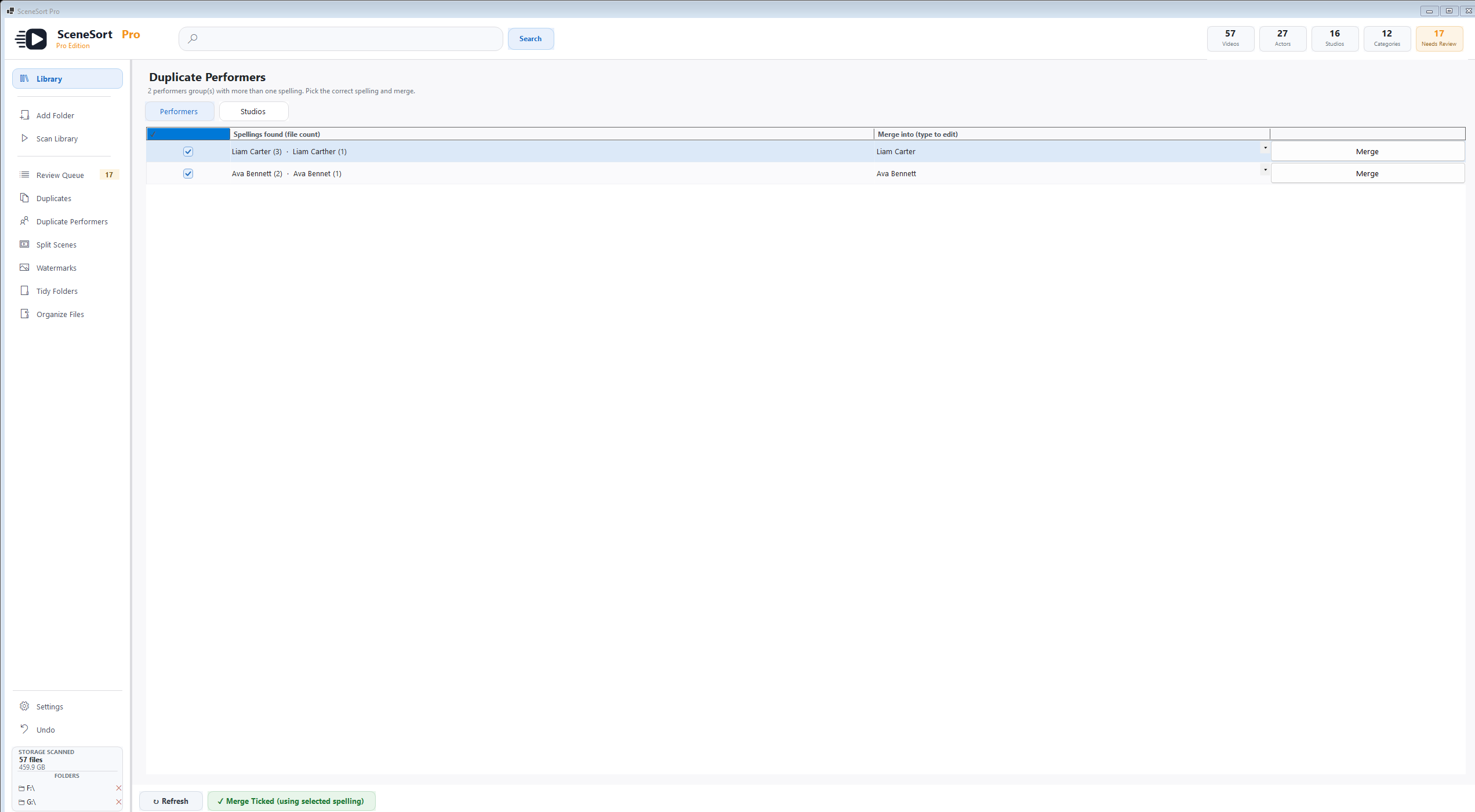SceneSort Pro duplicate performer merge screen