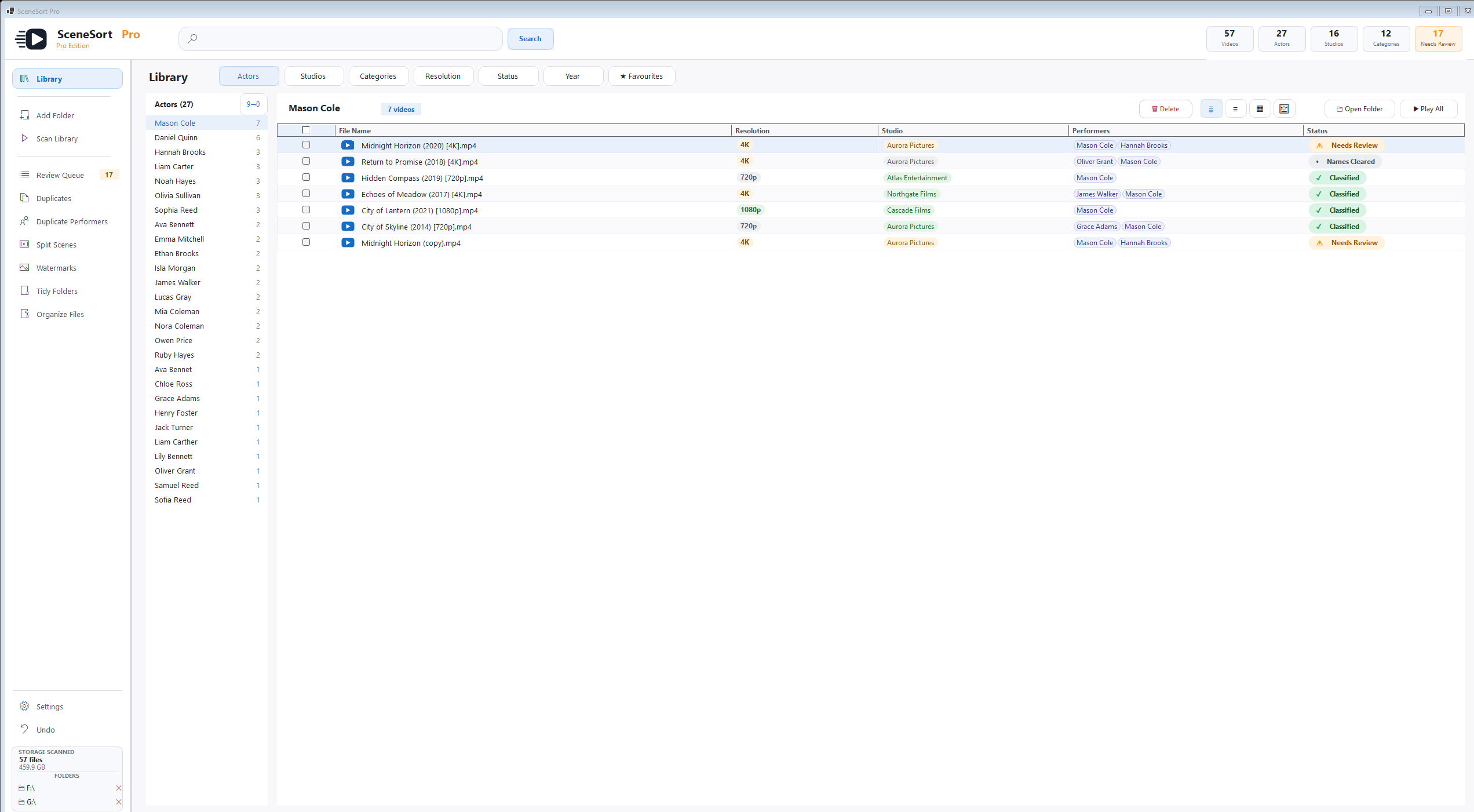 SceneSort Pro library dashboard showing actor filters and classified media files
